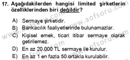 Girişimcilik ve İş Kurma Dersi 2024 - 2025 Yılı Yaz Okulu Sınav Soruları 17. Soru