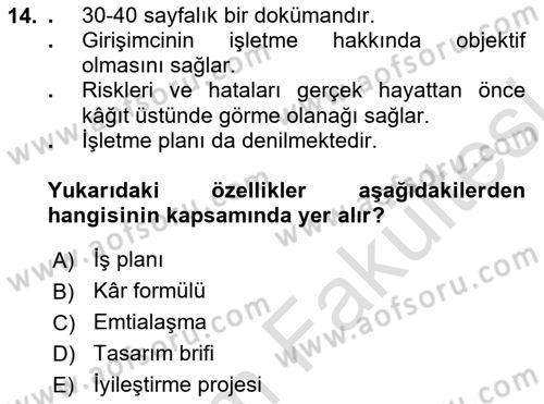 Girişimcilik ve İş Kurma Dersi 2025 - 2026 Yılı (Vize) Ara Sınav Soruları 14. Soru