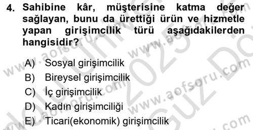 Girişimcilik ve İş Kurma Dersi 2025 - 2026 Yılı (Vize) Ara Sınav Soruları 4. Soru