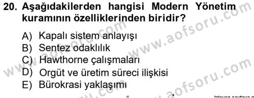 İşletme Yönetimi Dersi 2012 - 2013 Yılı (Vize) Ara Sınavı 20. Soru