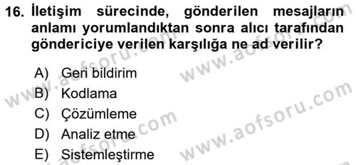 İşletme Yönetimi Dersi 2016 - 2017 Yılı 3 Ders Sınavı 16. Soru