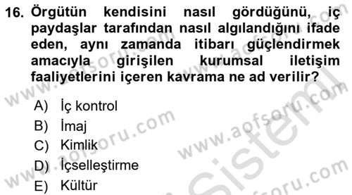 İşletme Yönetimi Dersi 2021 - 2022 Yılı Yaz Okulu Sınav Soruları 16. Soru