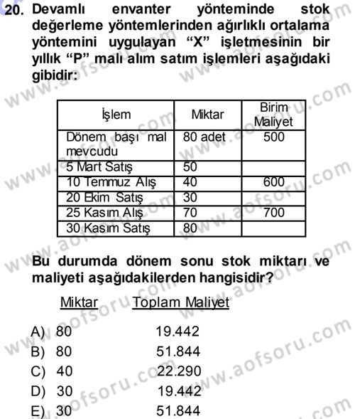 Dönemsonu İşlemleri Dersi 2013 - 2014 Yılı (Vize) Ara Sınavı 20. Soru