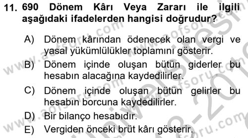 Dönemsonu İşlemleri Dersi 2018 - 2019 Yılı Yaz Okulu Sınav Soruları 11. Soru