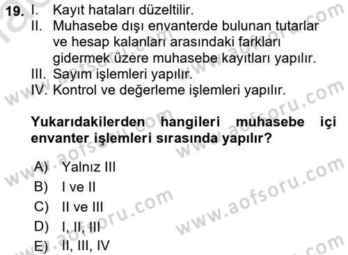 Dönemsonu İşlemleri Dersi Ara Sınavı Deneme Sınav Soruları 19. Soru