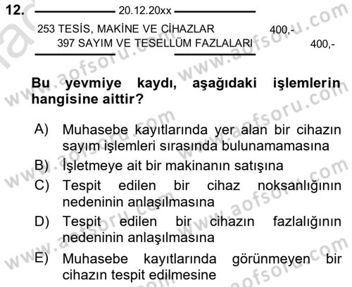 Dönemsonu İşlemleri Dersi 2021 - 2022 Yılı (Final) Dönem Sonu Sınav Soruları 12. Soru
