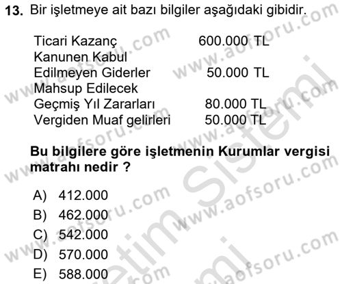 Dönemsonu İşlemleri Dersi 2021 - 2022 Yılı (Final) Dönem Sonu Sınav Soruları 13. Soru
