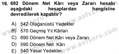 Dönemsonu İşlemleri Dersi 2021 - 2022 Yılı (Final) Dönem Sonu Sınav Soruları 16. Soru