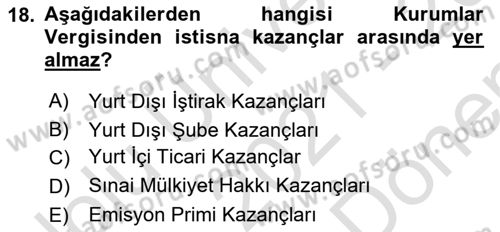 Dönemsonu İşlemleri Dersi 2021 - 2022 Yılı (Final) Dönem Sonu Sınav Soruları 18. Soru