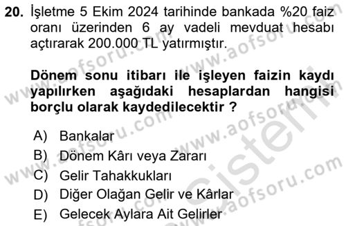 Dönemsonu İşlemleri Dersi 2024 - 2025 Yılı (Final) Dönem Sonu Sınav Soruları 20. Soru