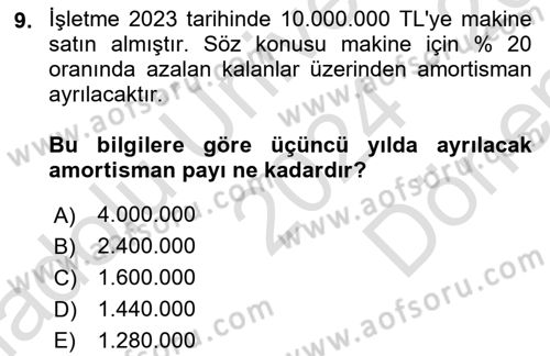 Dönemsonu İşlemleri Dersi 2024 - 2025 Yılı (Final) Dönem Sonu Sınav Soruları 9. Soru