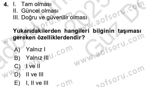 İşletme Bilgi Sistemleri Dersi 2025 - 2026 Yılı (Vize) Ara Sınav Soruları 4. Soru