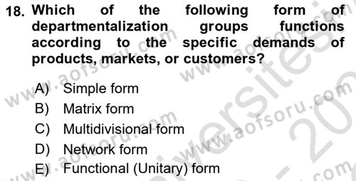 Organization Theory and Design Dersi 2020 - 2021 Yılı Yaz Okulu Sınav Soruları 18. Soru