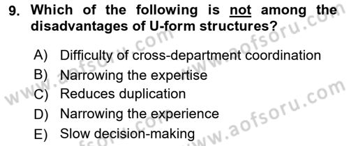 Organization Theory and Design Dersi 2021 - 2022 Yılı (Final) Dönem Sonu Sınav Soruları 9. Soru
