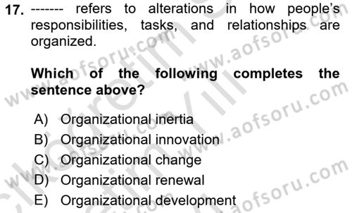 Organization Theory and Design Dersi 2021 - 2022 Yılı Yaz Okulu Sınav Soruları 17. Soru