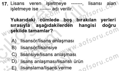 Pazarlamaya Giriş Dersi 2020 - 2021 Yılı Yaz Okulu Sınav Soruları 17. Soru