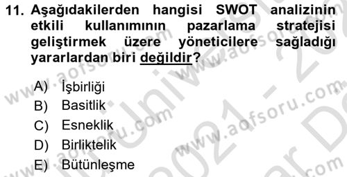 Pazarlamaya Giriş Dersi 2021 - 2022 Yılı (Vize) Ara Sınavı 11. Soru