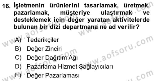 Pazarlamaya Giriş Dersi 2021 - 2022 Yılı (Vize) Ara Sınavı 16. Soru