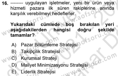 Teknoloji, İnnovasyon Ve Girişimcilik Dersi 2021 - 2022 Yılı (Vize) Ara Sınav Soruları 16. Soru