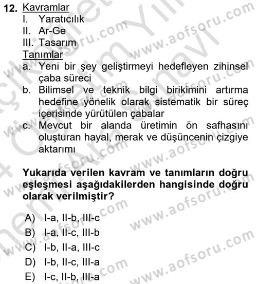 Teknoloji,İnnovasyon Ve Girişimcilik Dersi 2023 - 2024 Yılı (Vize) Ara Sınav Soruları 12. Soru