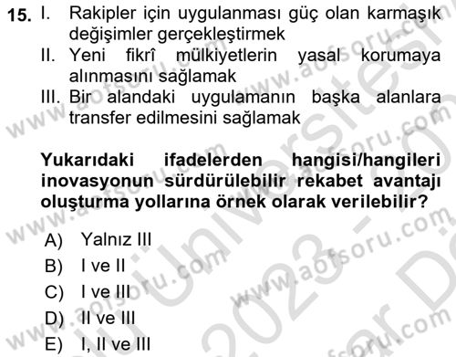 Teknoloji,İnnovasyon Ve Girişimcilik Dersi 2023 - 2024 Yılı (Vize) Ara Sınavı 15. Soru