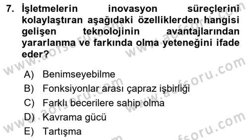 Teknoloji,İnnovasyon Ve Girişimcilik Dersi 2024 - 2025 Yılı Yaz Okulu Sınav Soruları 7. Soru