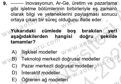 Teknoloji,İnnovasyon Ve Girişimcilik Dersi 2024 - 2025 Yılı Yaz Okulu Sınav Soruları 9. Soru