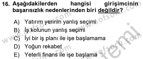 Girişimcilik ve İş Kurma Dersi 2016 - 2017 Yılı 3 Ders Sınavı 16. Soru
