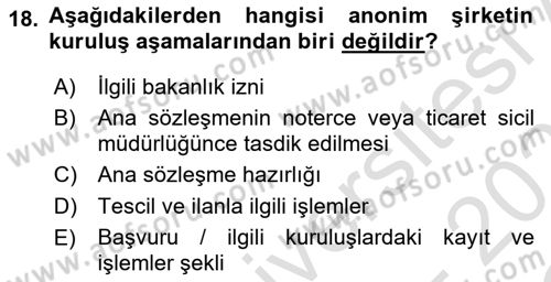 Girişimcilik ve İş Kurma Dersi 2020 - 2021 Yılı Yaz Okulu Sınavı 18. Soru