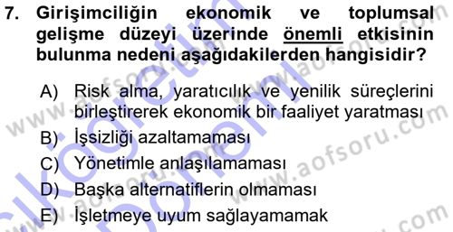 Girişimcilik ve İş Kurma -x Dersi 2015 - 2016 Yılı (Vize) Ara Sınav Soruları 7. Soru