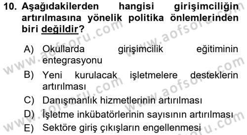 Girişimcilik ve İş Kurma -x Dersi 2015 - 2016 Yılı Tek Ders Sınav Soruları 10. Soru