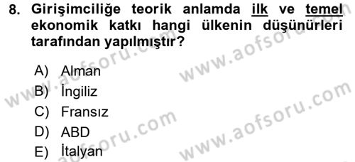 Girişimcilik ve İş Kurma -x Dersi 2016 - 2017 Yılı (Vize) Ara Sınav Soruları 8. Soru