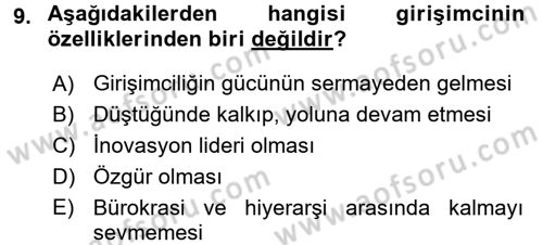 Girişimcilik ve İş Kurma -x Dersi 2017 - 2018 Yılı (Vize) Ara Sınav Soruları 9. Soru