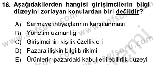 Girişimcilik ve İş Kurma -x Dersi 2018 - 2019 Yılı 3 Ders Sınav Soruları 16. Soru