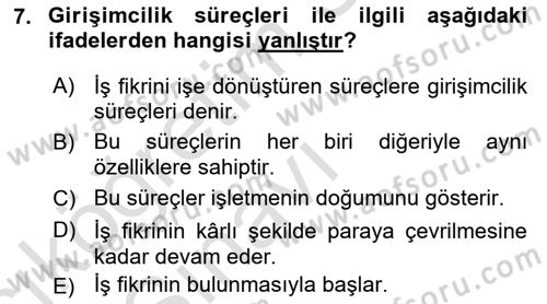 Girişimcilik ve İş Kurma -x Dersi 2018 - 2019 Yılı 3 Ders Sınav Soruları 7. Soru