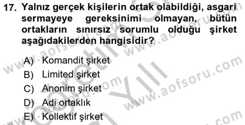Girişimcilik ve İş Kurma -x Dersi 2018 - 2019 Yılı Yaz Okulu Sınav Soruları 17. Soru