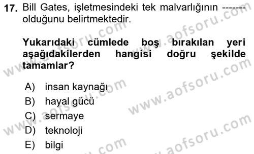 Girişimcilik ve İş Kurma -x Dersi 2019 - 2020 Yılı (Vize) Ara Sınav Soruları 17. Soru