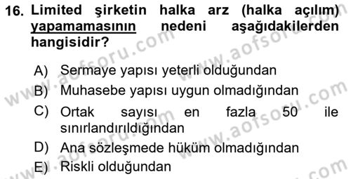 Girişimcilik ve İş Kurma -x Dersi 2019 - 2020 Yılı (Final) Dönem Sonu Sınav Soruları 16. Soru
