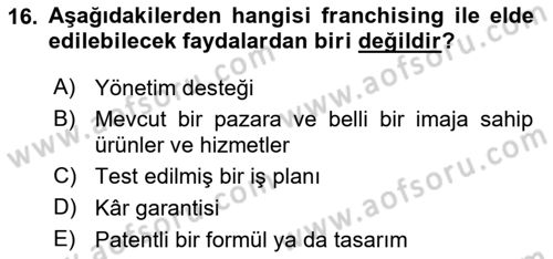 Girişimcilik ve İş Kurma -x Dersi 2020 - 2021 Yılı Yaz Okulu Sınav Soruları 16. Soru