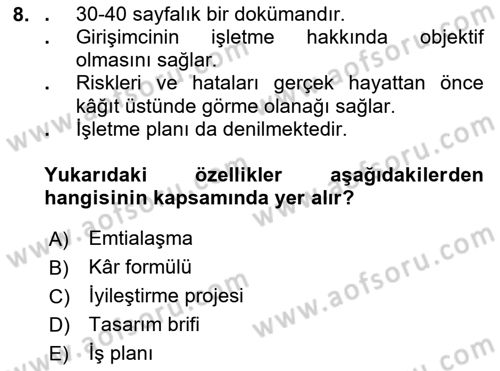Girişimcilik ve İş Kurma -x Dersi 2020 - 2021 Yılı Yaz Okulu Sınav Soruları 8. Soru