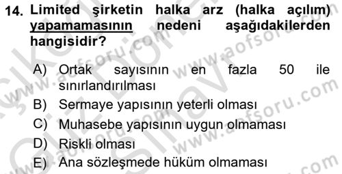 Girişimcilik ve İş Kurma -x Dersi 2021 - 2022 Yılı (Final) Dönem Sonu Sınav Soruları 14. Soru