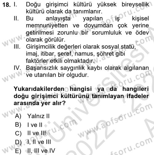 Girişimcilik ve İş Kurma -x Dersi 2022 - 2023 Yılı (Vize) Ara Sınav Soruları 18. Soru