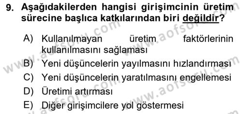 Girişimcilik ve İş Kurma -x Dersi 2023 - 2024 Yılı (Vize) Ara Sınav Soruları 9. Soru