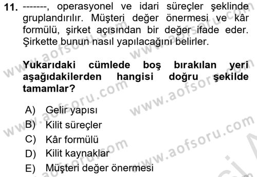 Girişimcilik ve İş Kurma -x Dersi 2024 - 2025 Yılı (Vize) Ara Sınav Soruları 11. Soru