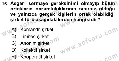 Girişimcilik ve İş Kurma -x Dersi 2024 - 2025 Yılı (Final) Dönem Sonu Sınav Soruları 16. Soru