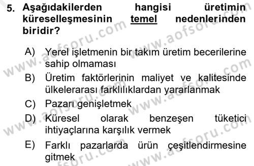 Uluslararası İşletmecilik Dersi 2018 - 2019 Yılı Tek Ders Sınav Soruları 5. Soru