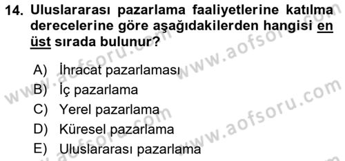 Uluslararası İşletmecilik Dersi 2021 - 2022 Yılı (Final) Dönem Sonu Sınavı 14. Soru