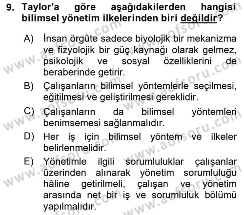 Örgüt Kuramı Dersi 2024 - 2025 Yılı Yaz Okulu Sınav Soruları 9. Soru