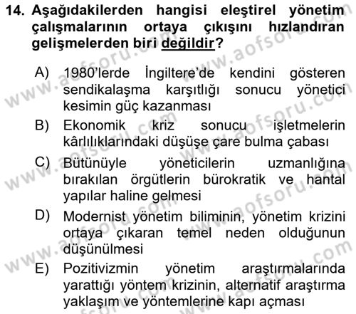 Örgüt Kuramı Dersi 2025 - 2026 Yılı (Final) Dönem Sonu Sınav Soruları 14. Soru
