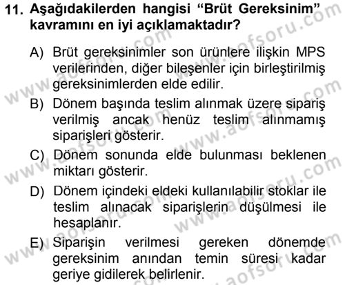 Üretim Yönetimi Dersi 2012 - 2013 Yılı (Final) Dönem Sonu Sınav Soruları 11. Soru